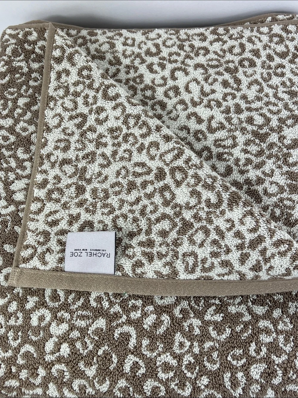 Rachel Zoe Bath Towels Tan Cream Leopard Animal Print 100% Cotton 8 Pc NEW